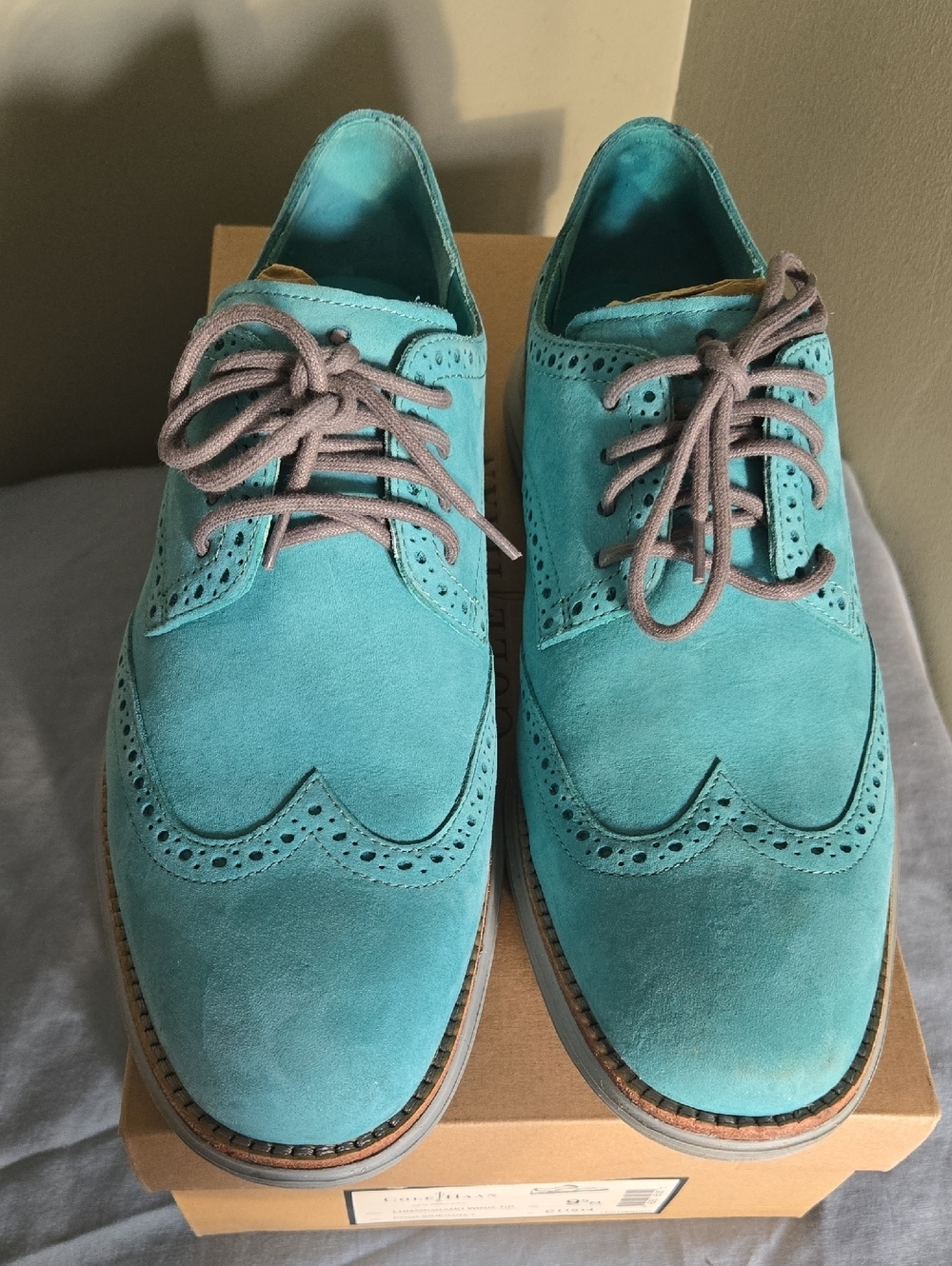 Men's Cole Haan Lunargrand Wingtip Turquoise Suede Oxfords Sz 9.5
